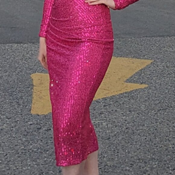 Barbie pink sequin dress, knee-length, long-sleeve, size small - Picture 2 of 4